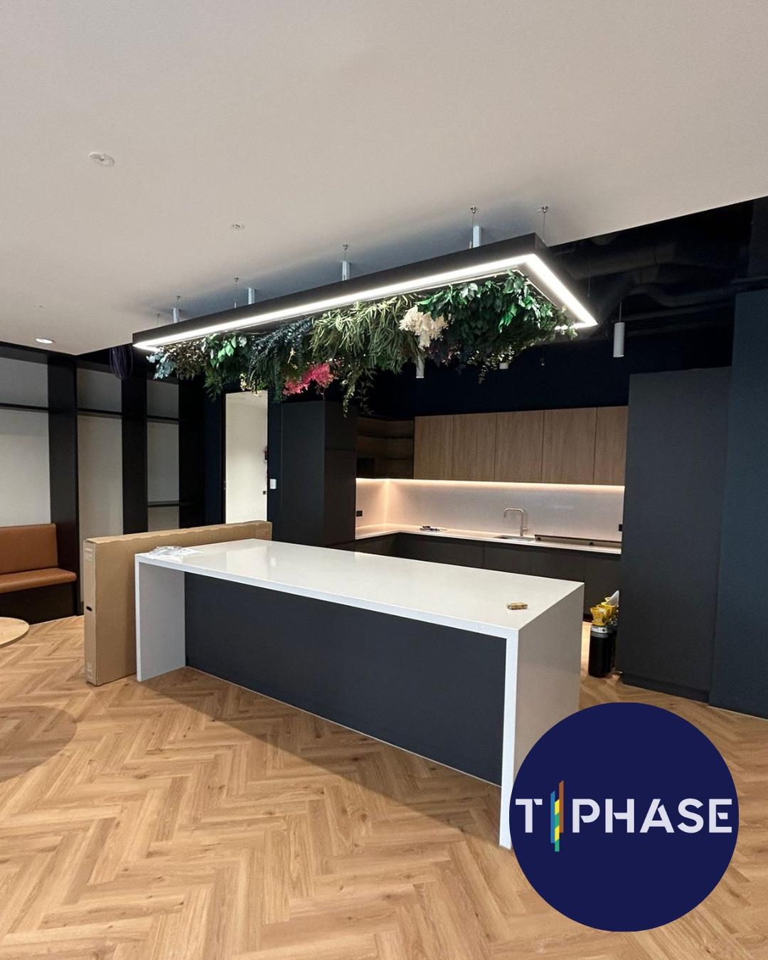 Office kitchen and tea-point with feature ring lighting, commercial fit-out